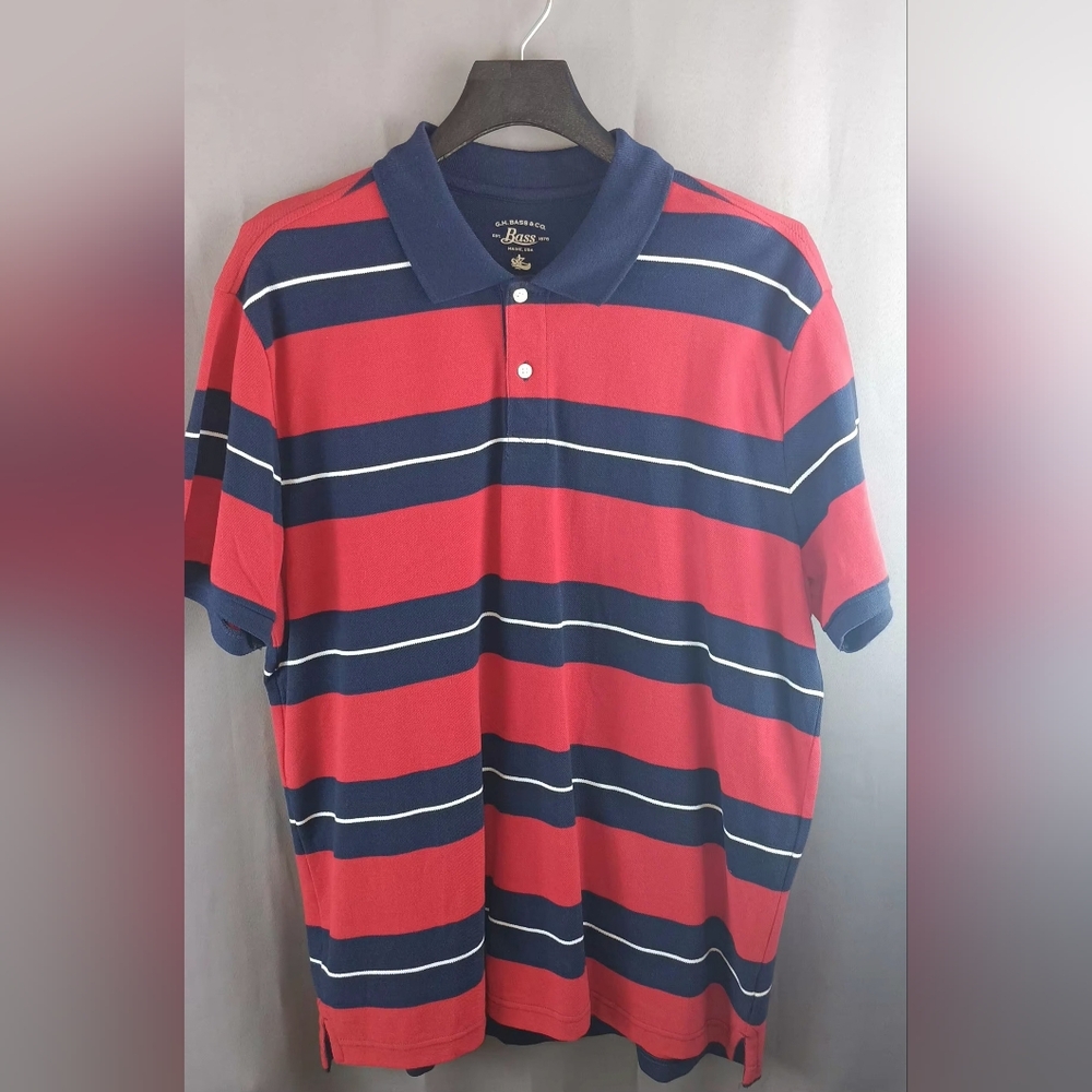 G. H. Bass & Co. Men's Polo Shirt XL Red Blue Striped Short Sleeve
